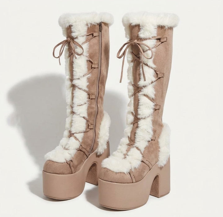 Women's Suede Platform Knee-High Snow Boots Faux-Fur Lace-Up Chunky