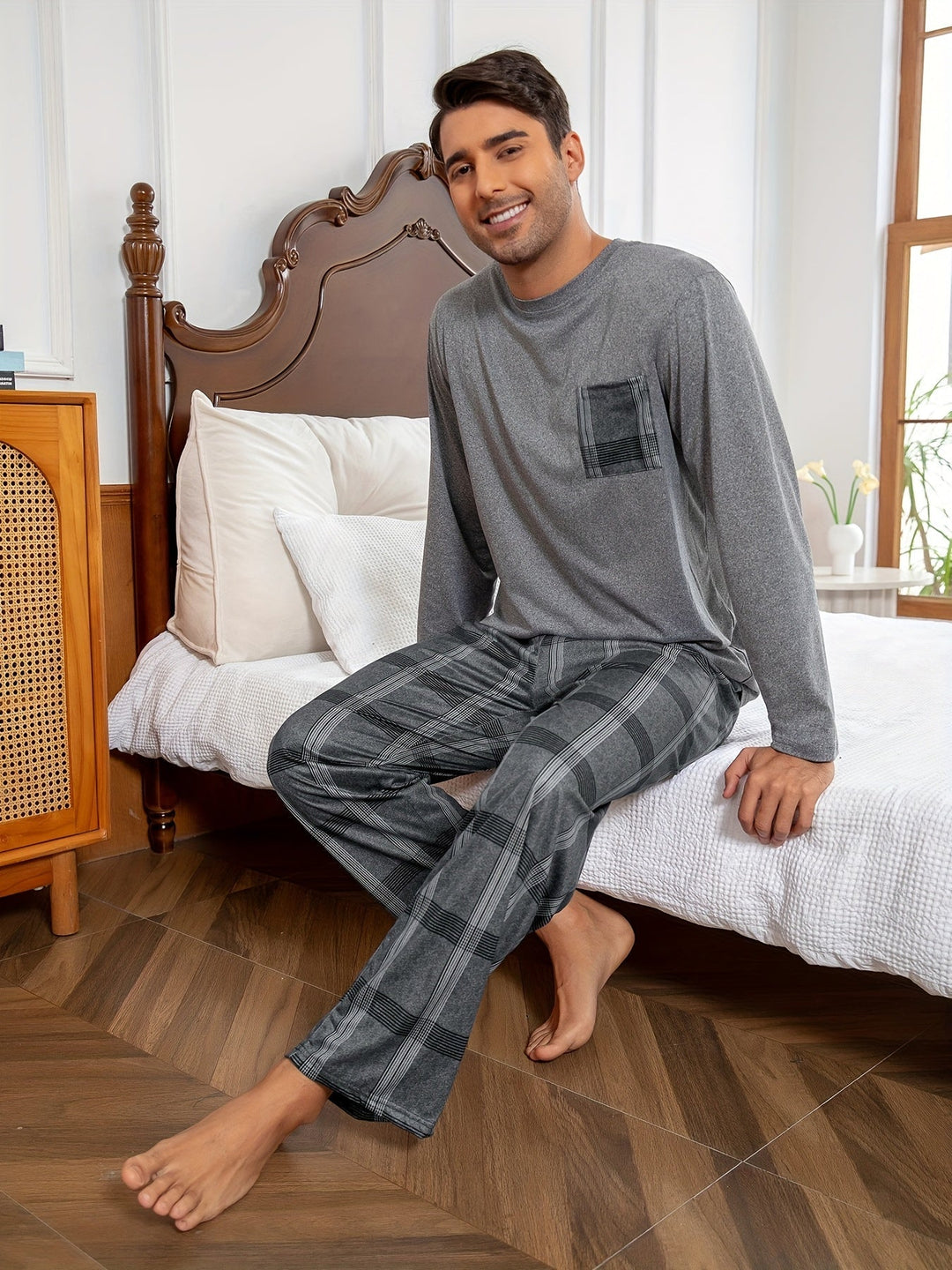 Men's Grey Lounge Set Long-Sleeve Tee Plaid Pants Two-Piece
