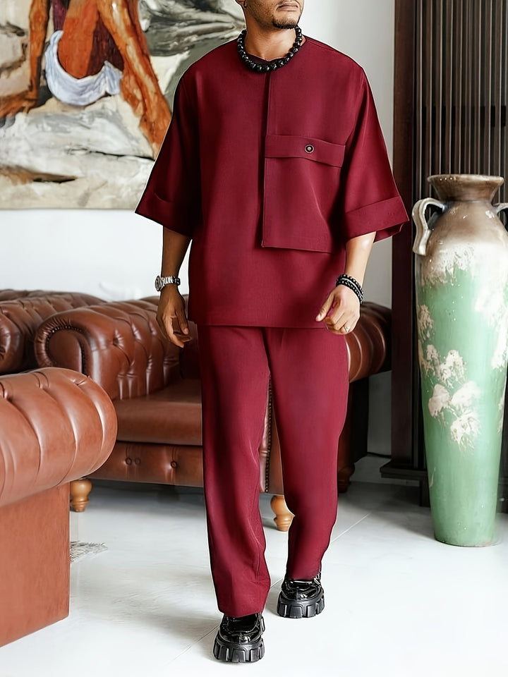 Men's Two-Piece Set Oversized Tee Chest-Pocket Straight-Trousers Relaxed