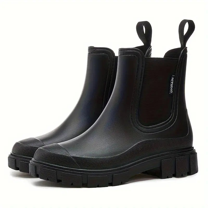 Women's Rubber Chelsea Rain Boots Platform Lug Sole Slip-On Pull Tab