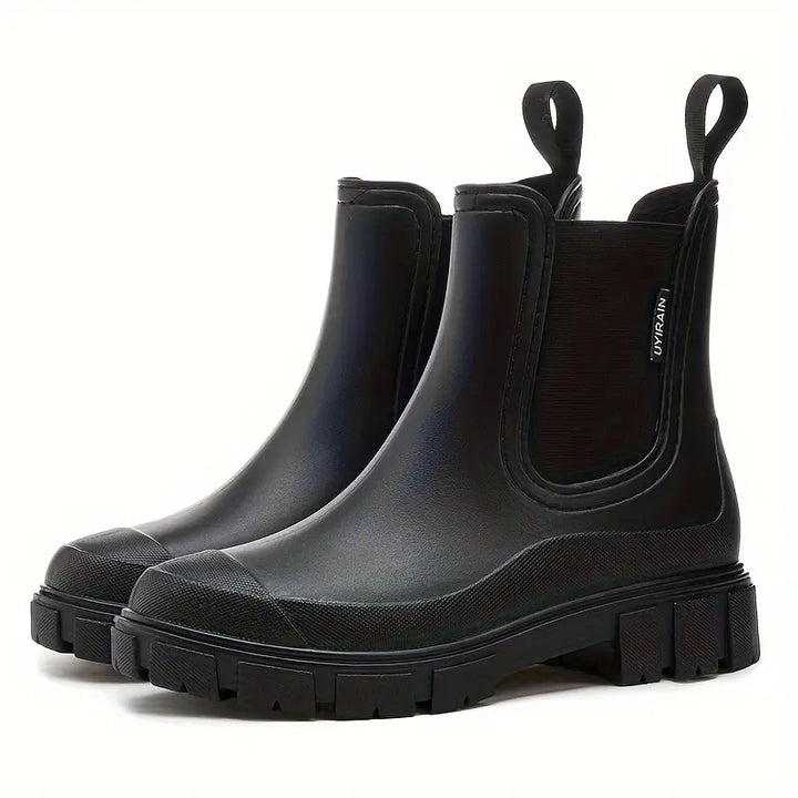 Women's Rubber Chelsea Rain Boots Platform Lug Sole Slip-On Pull Tab