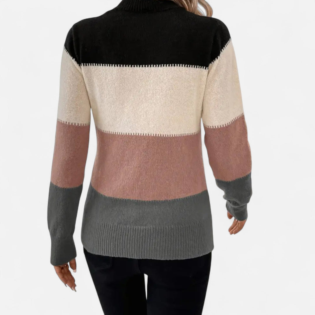 Women's Colorblock Knit Sweater Mock Neck Long-Sleeve Fitted Whipstitch Pullover