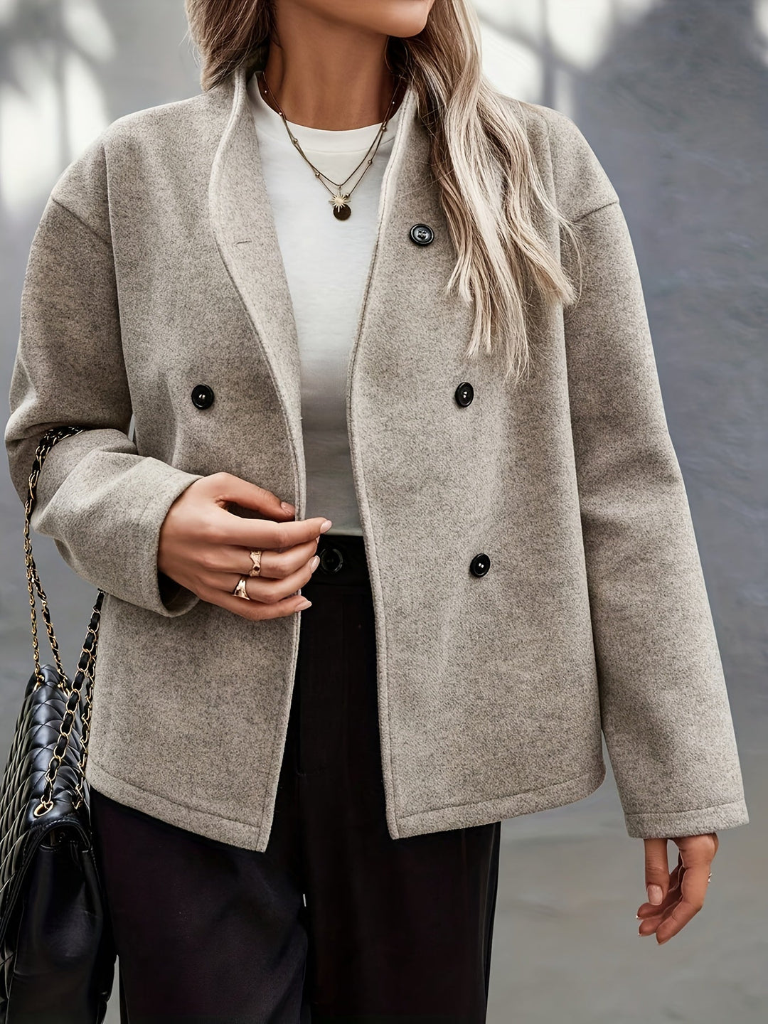 Women's Apricot Wool Pea Coat Stand Collar Double-Breasted Oversized Winter