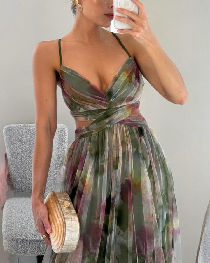 Women's Floral Tulle Maxi Dress V-Neck Spaghetti-Strap Flowy Elegant Summer