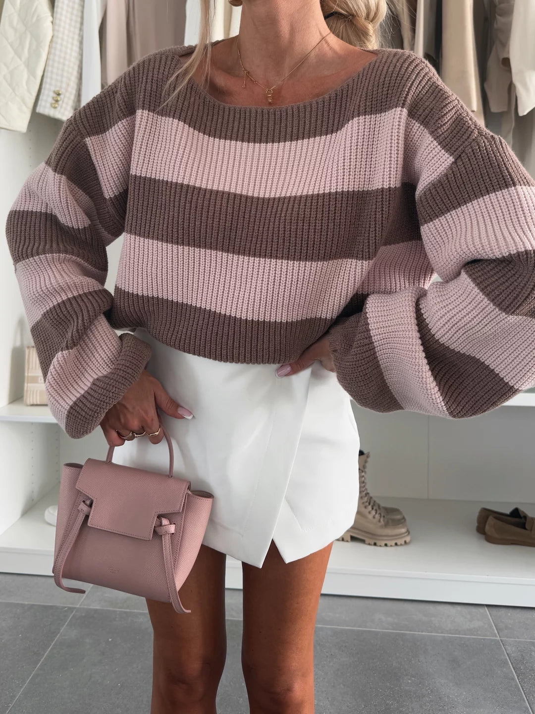 Women's Striped Knit Sweater Boat-Neck Drop-Shoulder Ribbed Cropped