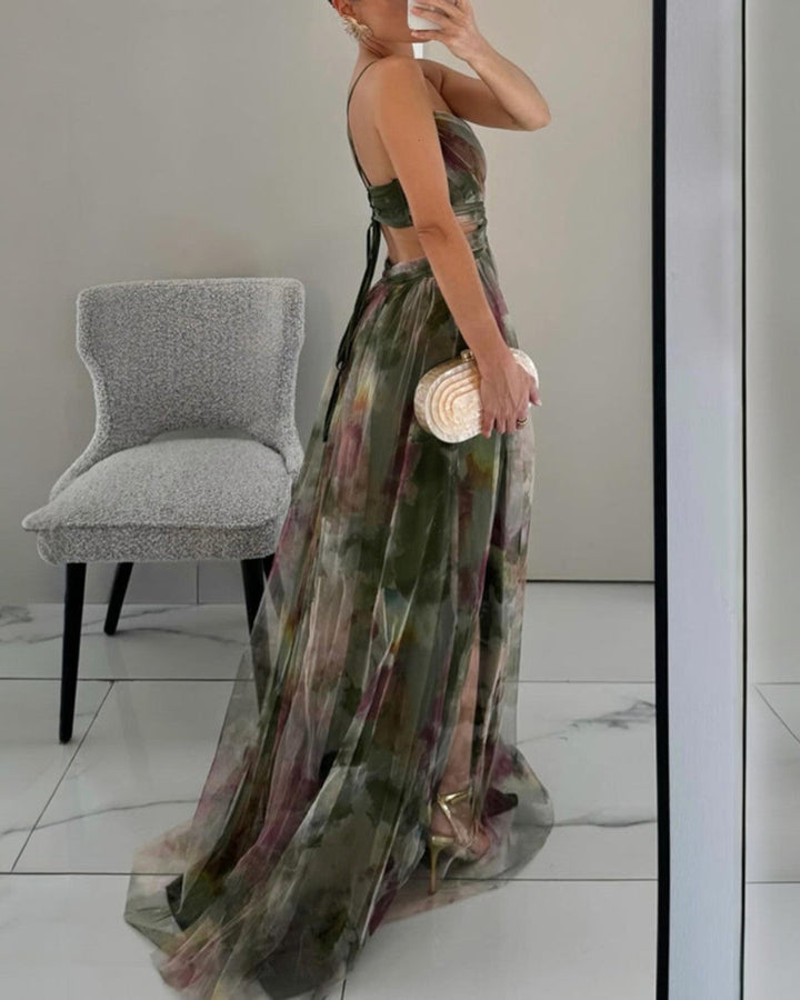 Women's Floral Tulle Maxi Dress V-Neck Spaghetti-Strap Flowy Elegant Summer
