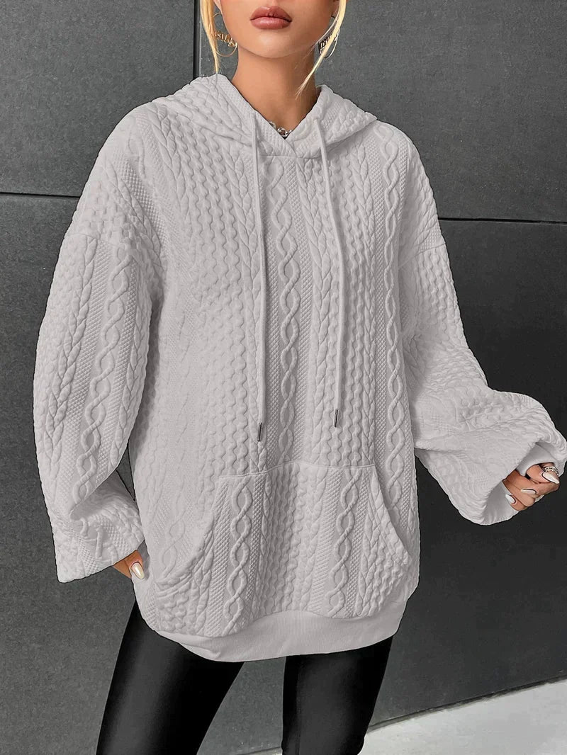 Women's Cable Textured Hoodie Drawstring Kangaroo-Pocket Oversized Longline Relaxed