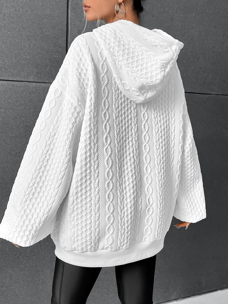 Women's Cable Textured Hoodie Drawstring Kangaroo-Pocket Oversized Longline Relaxed