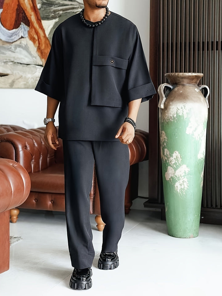 Men's Two-Piece Set Oversized Tee Chest-Pocket Straight-Trousers Relaxed