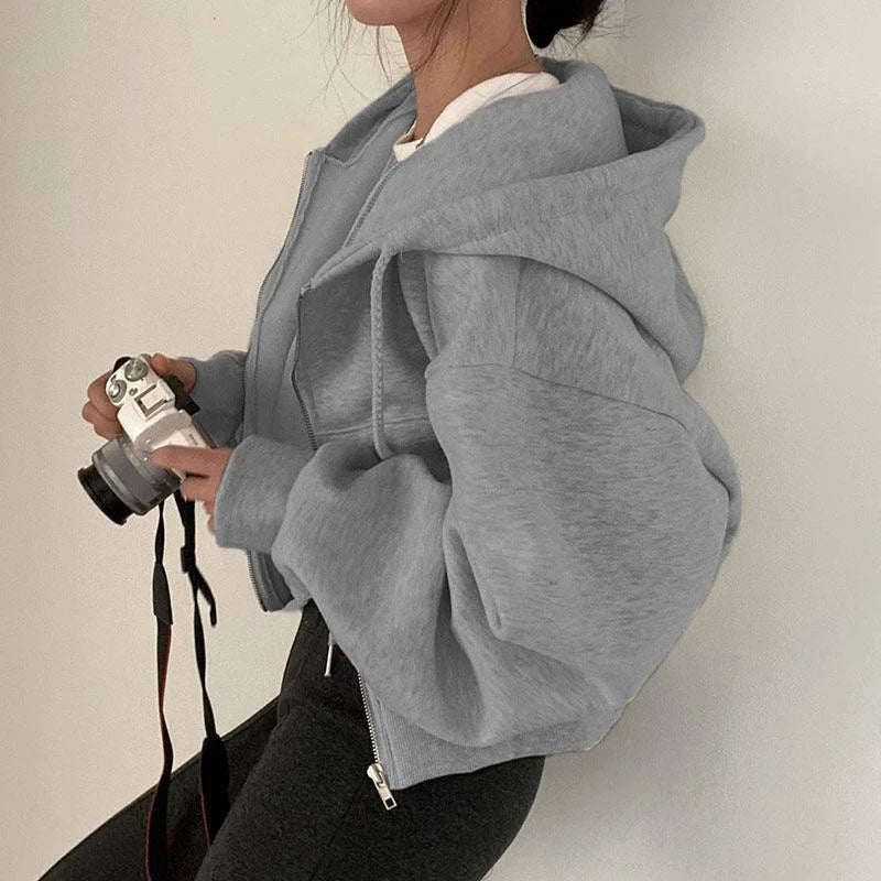 Comfortable Oversized Zip Up Hoodie for Women with Drawstring Hood Cropped Fleece Lined Style