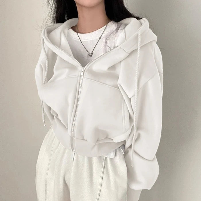 Comfortable Oversized Zip Up Hoodie for Women with Drawstring Hood Cropped Fleece Lined Style