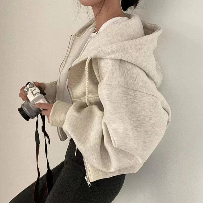 Comfortable Oversized Zip Up Hoodie for Women with Drawstring Hood Cropped Fleece Lined Style
