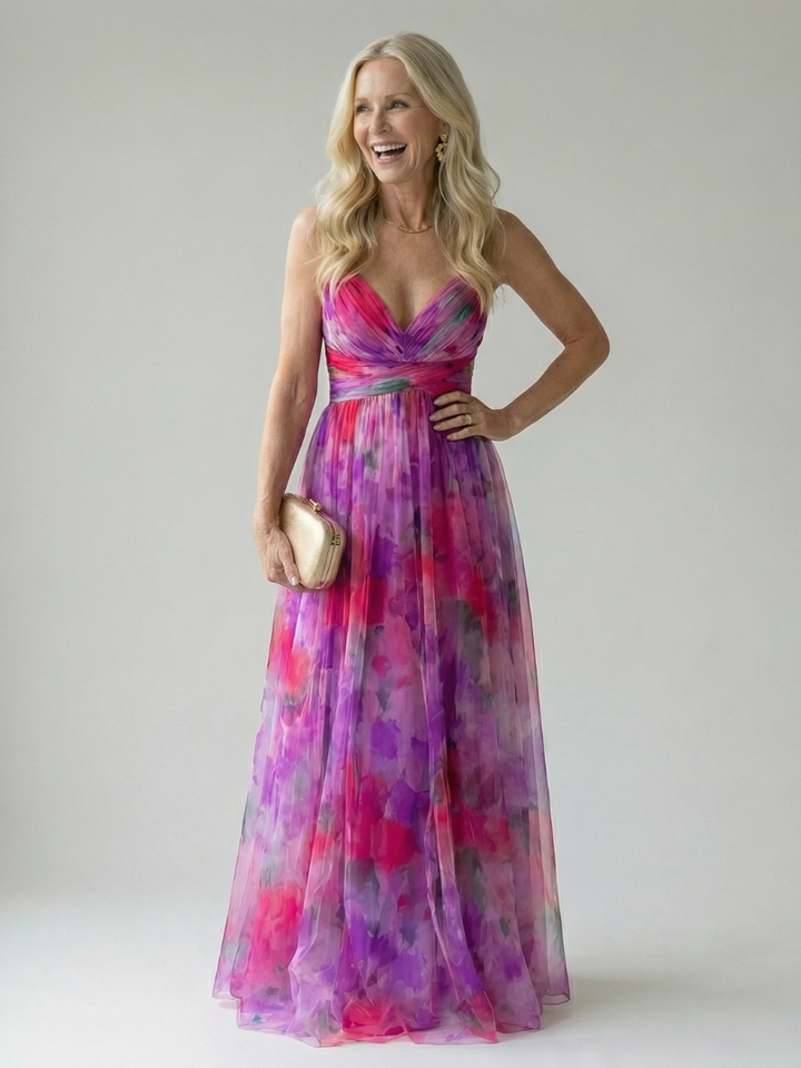 Women's Floral Chiffon Maxi Dress V-Neck Wrap Tulle Flowy Elegant