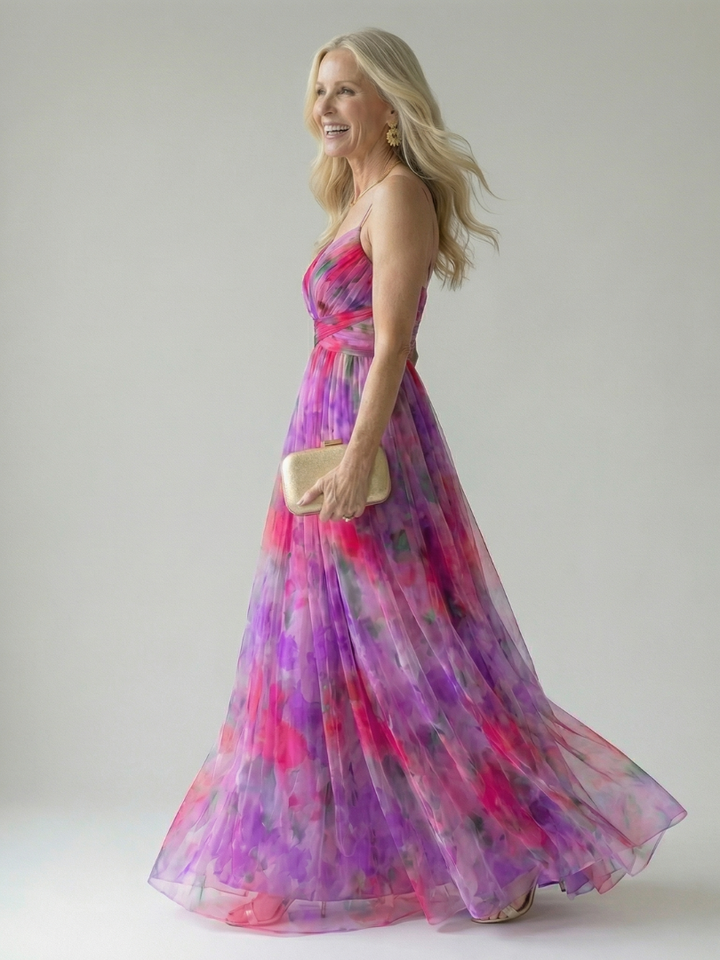 Women's Floral Chiffon Maxi Dress V-Neck Wrap Tulle Flowy Elegant