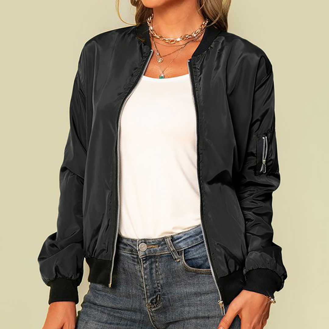 Women's Lightweight Zip-Up Bomber Jacket Ribbed Trim Sleeve Pocket Moto