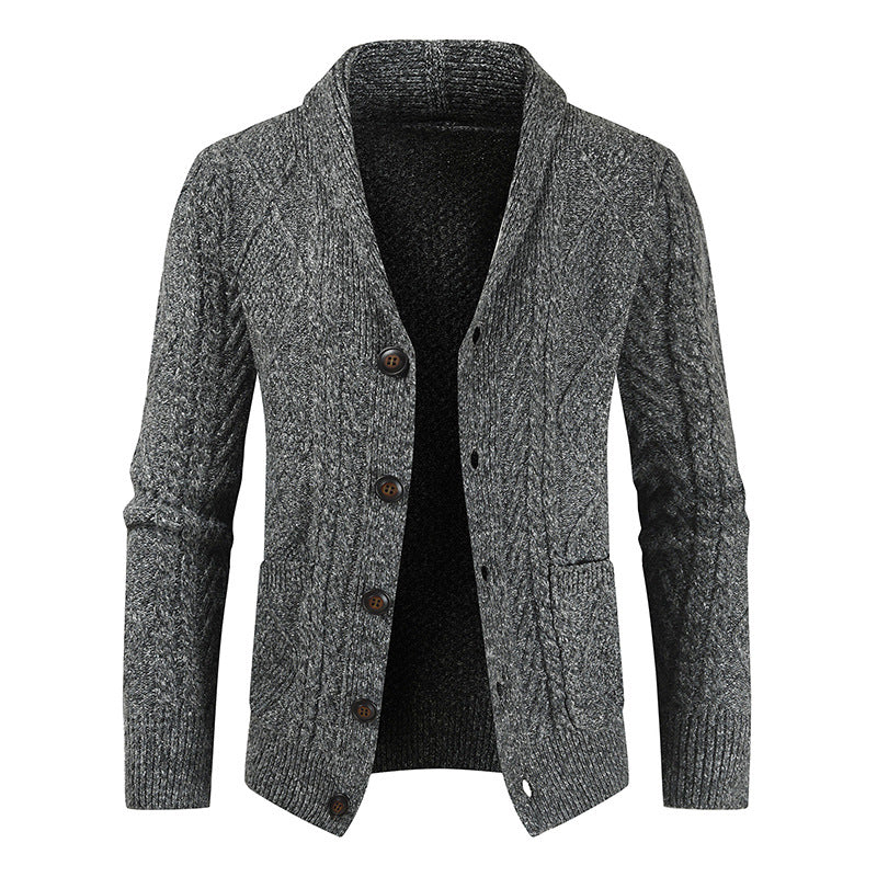 Men's Cable Knit Cardigan Shawl Collar Button-Front Patch-Pocket Relaxed