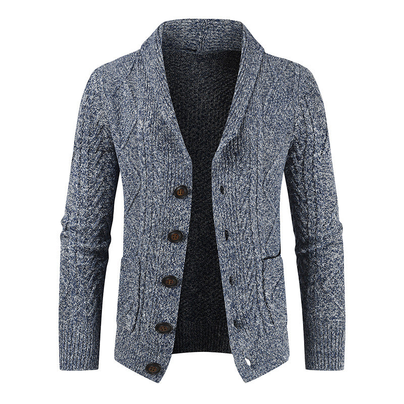 Men's Cable Knit Cardigan Shawl Collar Button-Front Patch-Pocket Relaxed