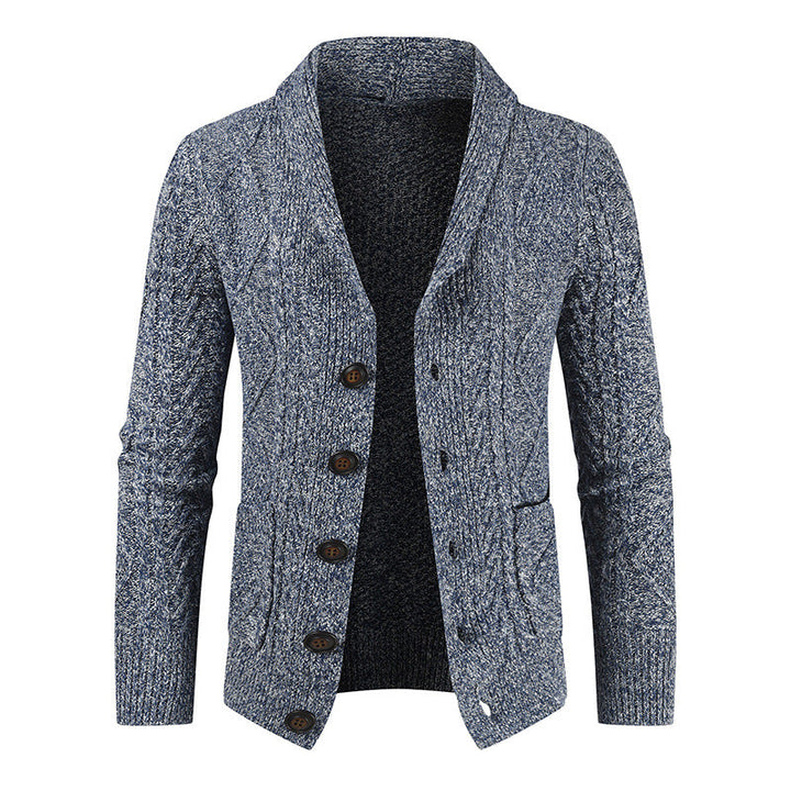 Men's Cable Knit Cardigan Shawl Collar Button-Front Patch-Pocket Relaxed