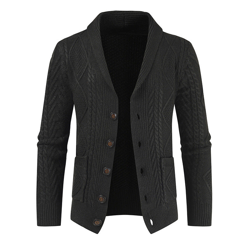 Men's Cable Knit Cardigan Shawl Collar Button-Front Patch-Pocket Relaxed