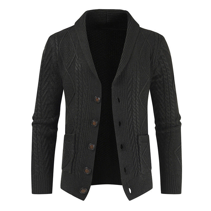 Men's Cable Knit Cardigan Shawl Collar Button-Front Patch-Pocket Relaxed