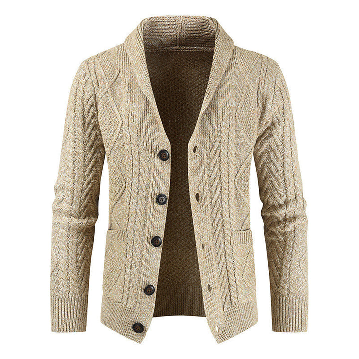 Men's Cable Knit Cardigan Shawl Collar Button-Front Patch-Pocket Relaxed