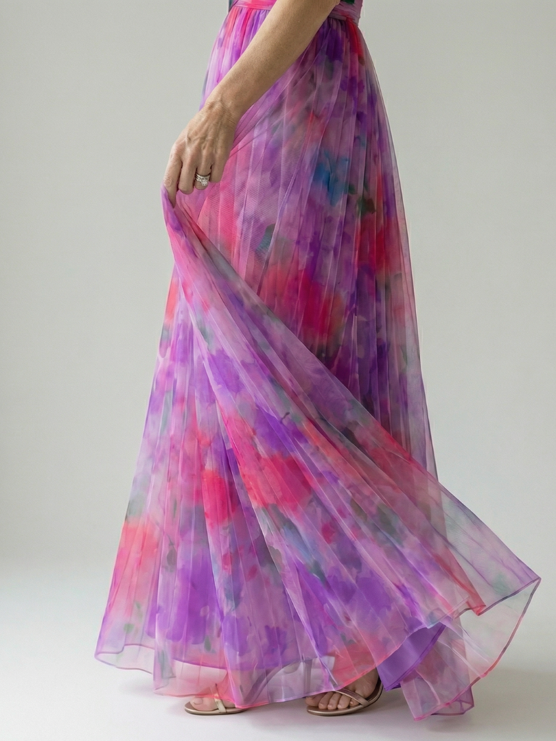 Women's Floral Chiffon Maxi Dress V-Neck Wrap Tulle Flowy Elegant