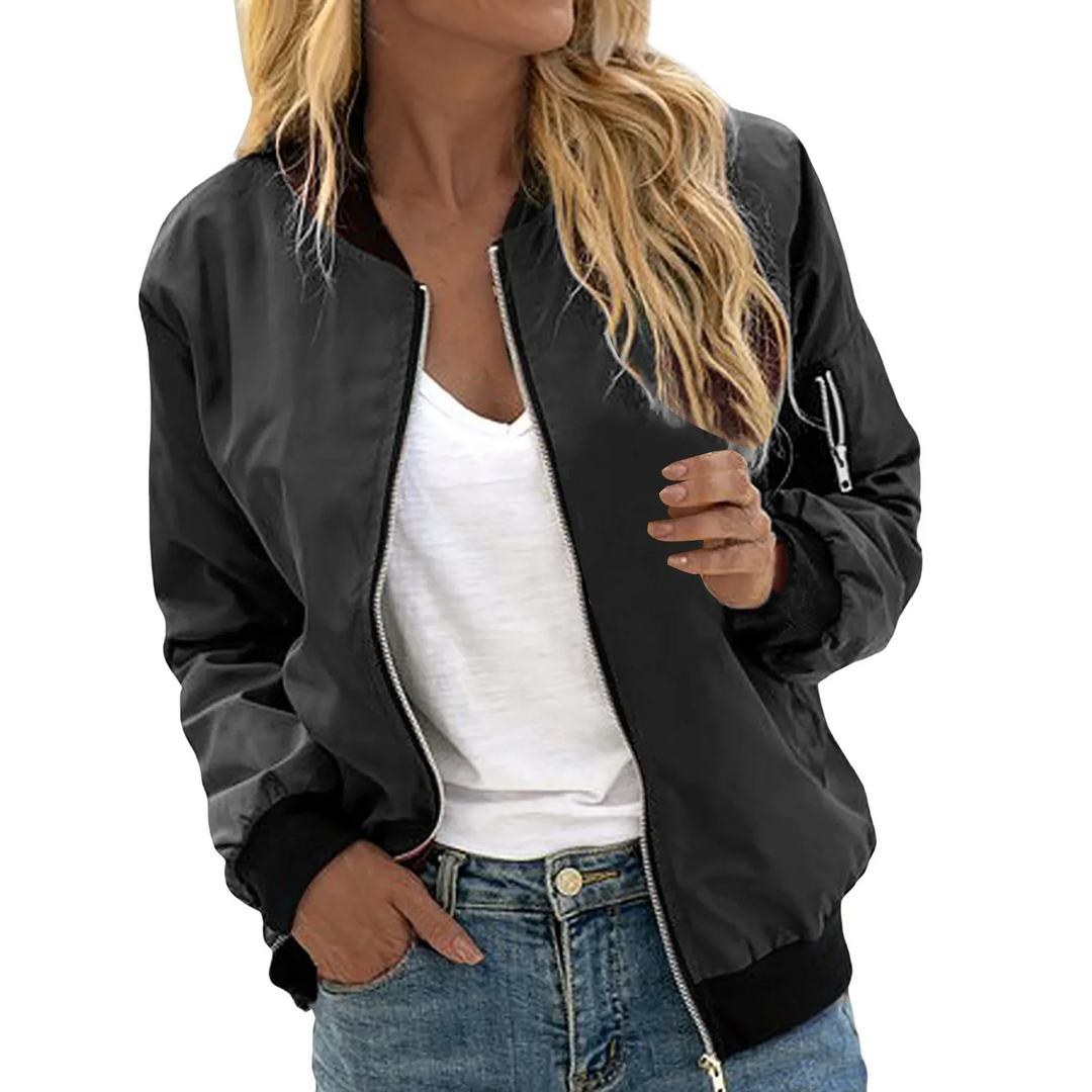 Women's Lightweight Zip-Up Bomber Jacket Ribbed Trim Sleeve Pocket Moto