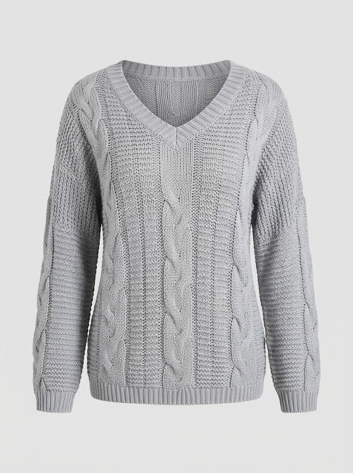 Women's Cable Knit Sweater V-Neck Long-Sleeve Off-Shoulder Relaxed Pullover