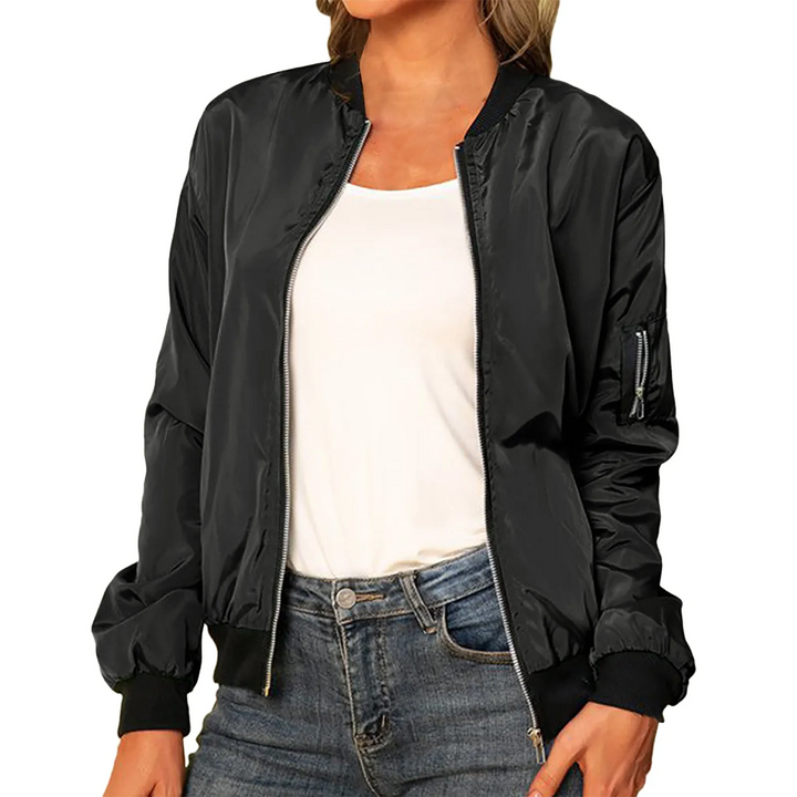 Women's Lightweight Zip-Up Bomber Jacket Ribbed Trim Sleeve Pocket Moto