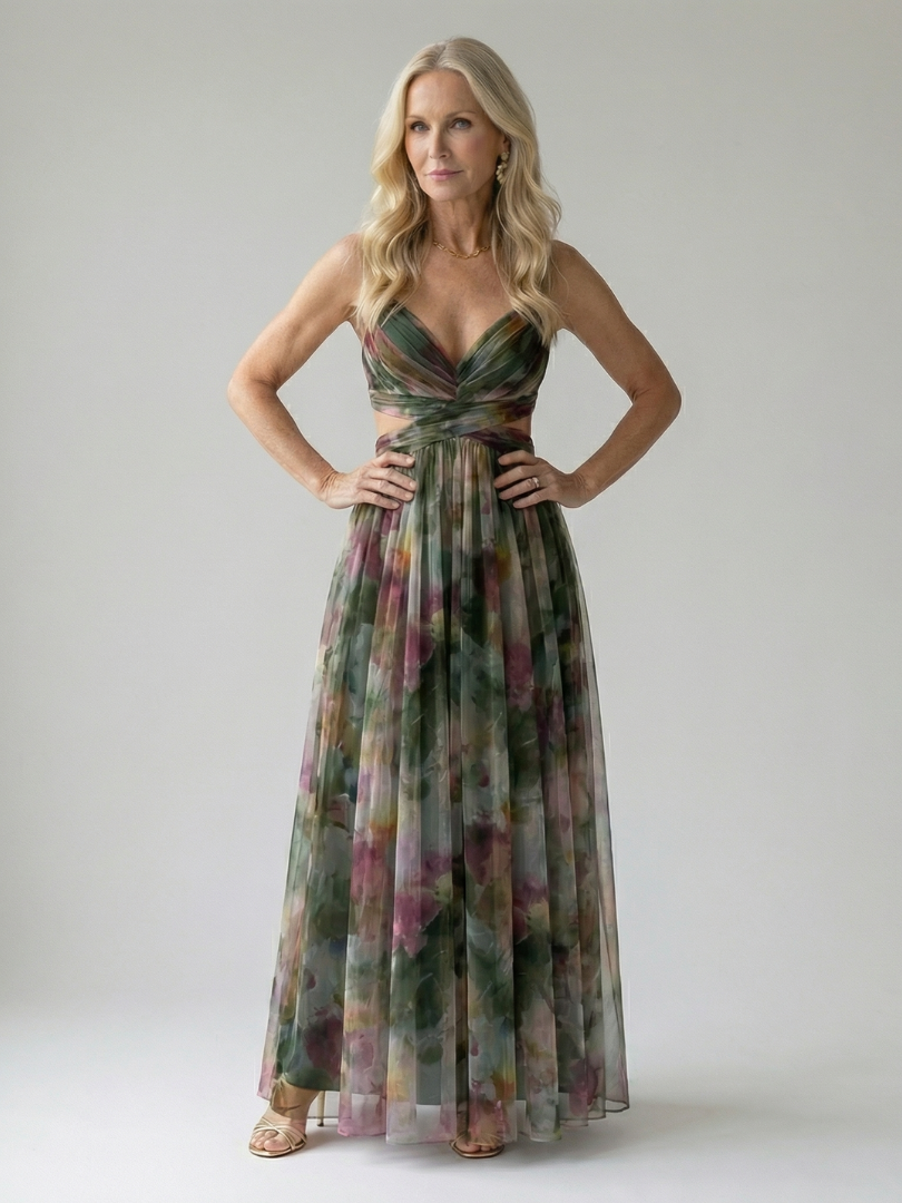 Women's Floral Chiffon Maxi Dress V-Neck Wrap Tulle Flowy Elegant