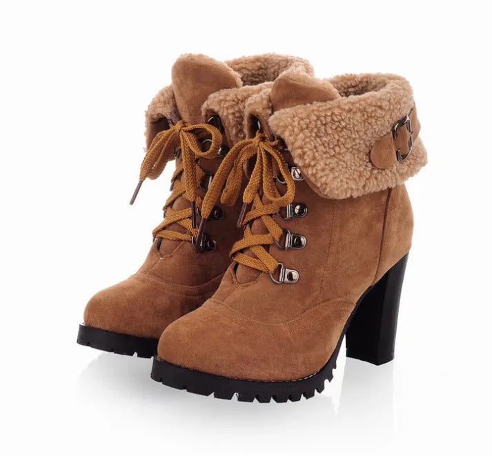 Women's Heeled Snow Boots Shearling-Cuff Lace-Up Suede Block-Heel Warm