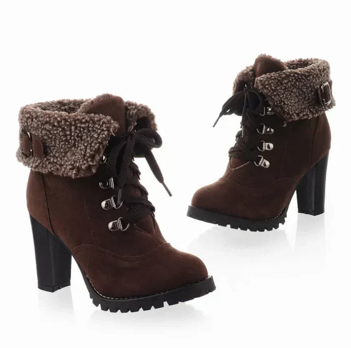 Women's Heeled Snow Boots Shearling-Cuff Lace-Up Suede Block-Heel Warm