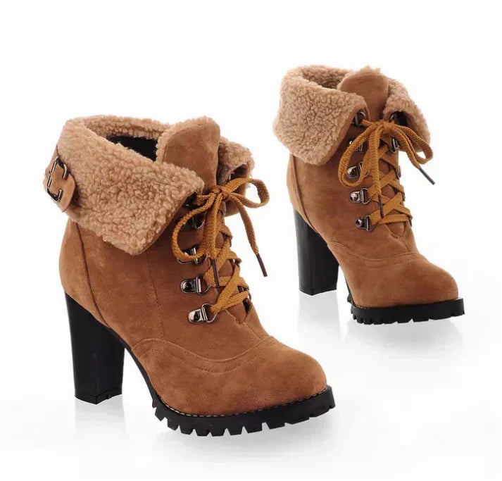 Women's Heeled Snow Boots Shearling-Cuff Lace-Up Suede Block-Heel Warm