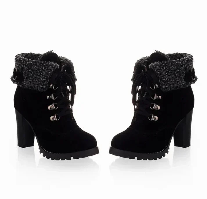 Women's Heeled Snow Boots Shearling-Cuff Lace-Up Suede Block-Heel Warm