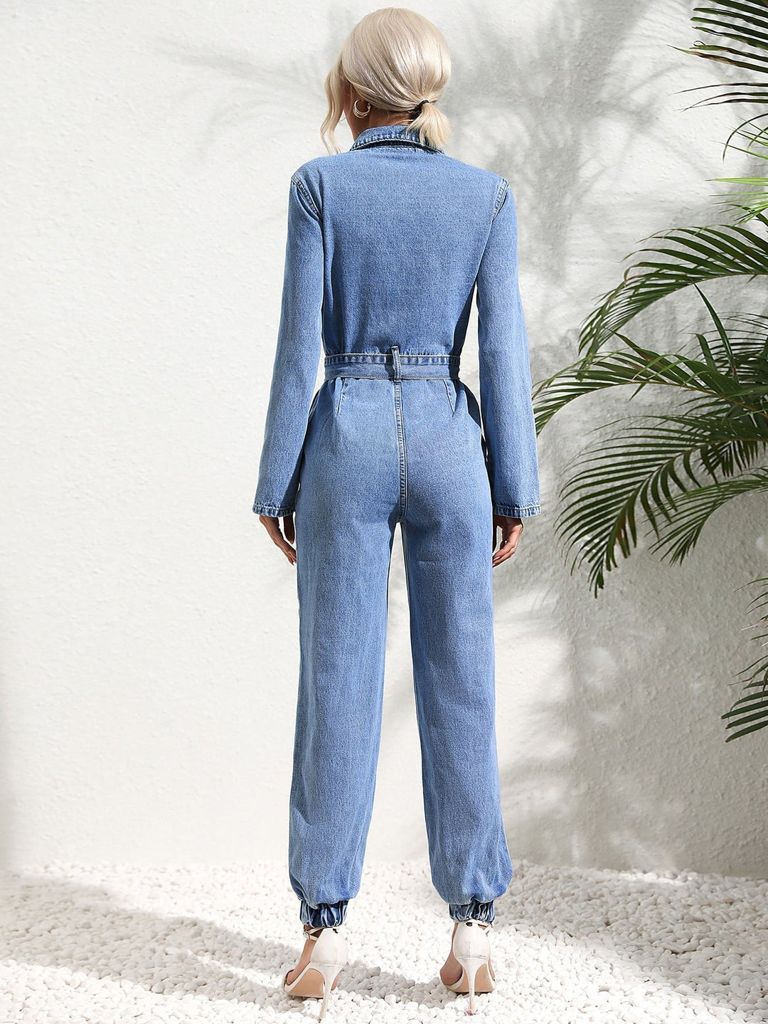 Women's Denim Jumpsuit Collared Button-Front Belted Flap-Pocket Long-Sleeve Tapered