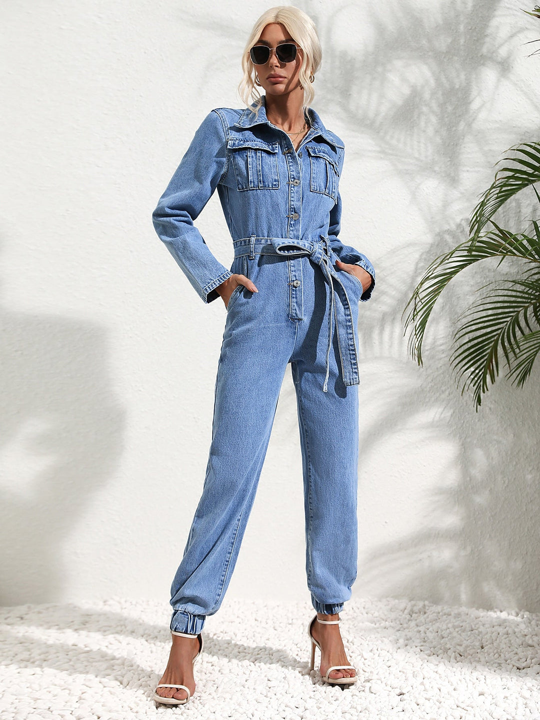 Women's Denim Jumpsuit Collared Button-Front Belted Flap-Pocket Long-Sleeve Tapered