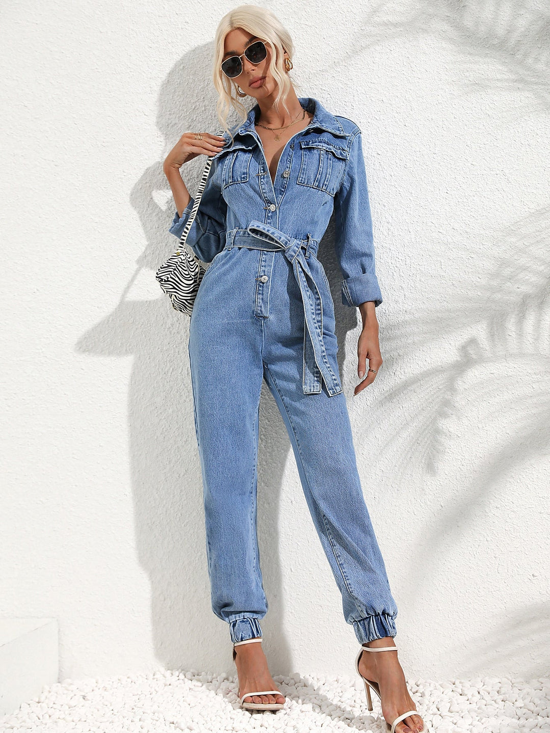 Women's Denim Jumpsuit Collared Button-Front Belted Flap-Pocket Long-Sleeve Tapered