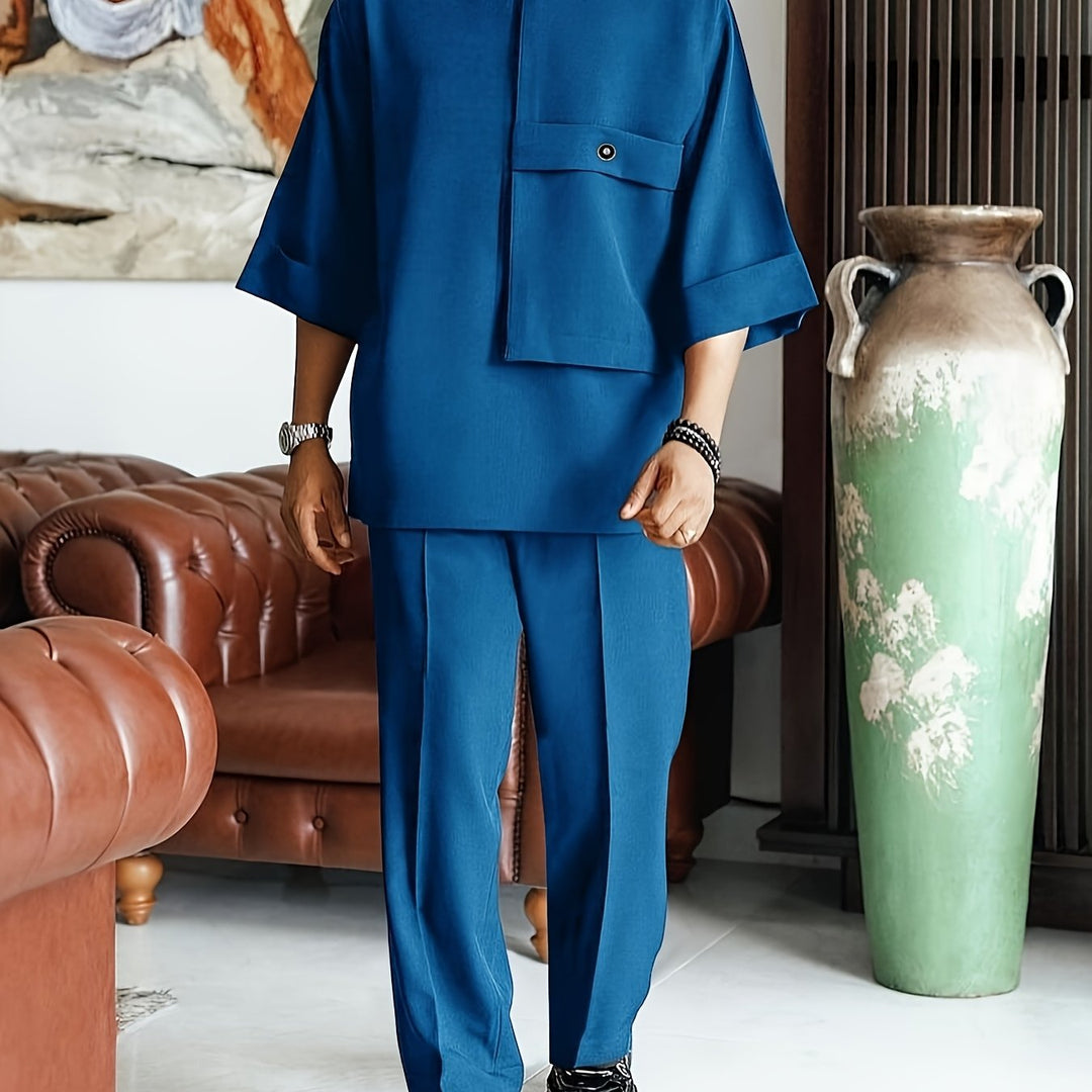 Men's Two-Piece Set Oversized Tee Chest-Pocket Straight-Trousers Relaxed