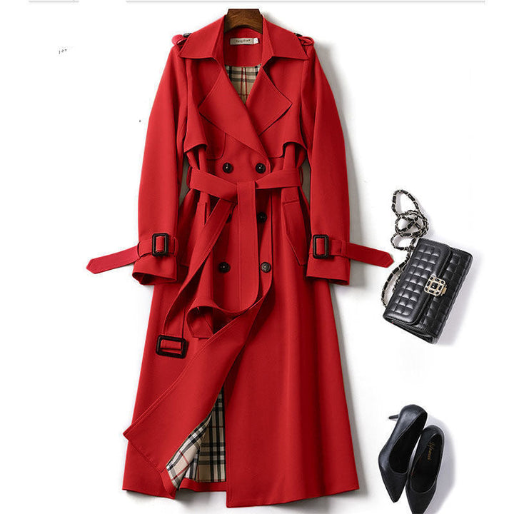 Women's Double-Breasted Trench Coat Notch Lapel Belted Longline Storm-Flap Classic