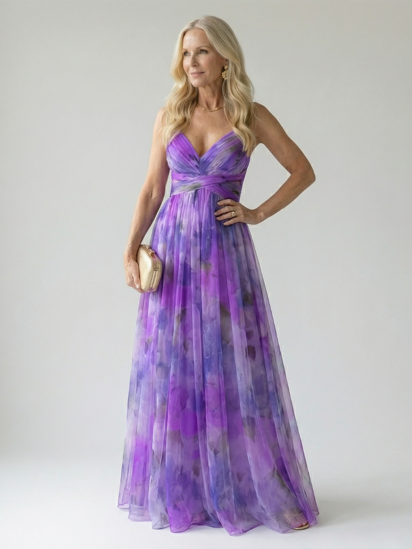 Women's Floral Chiffon Maxi Dress V-Neck Wrap Tulle Flowy Elegant