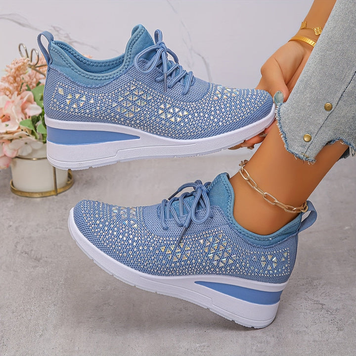 Women's Rhinestone Knit Wedge Sneakers Lace-Up Cushioned Comfort Walking