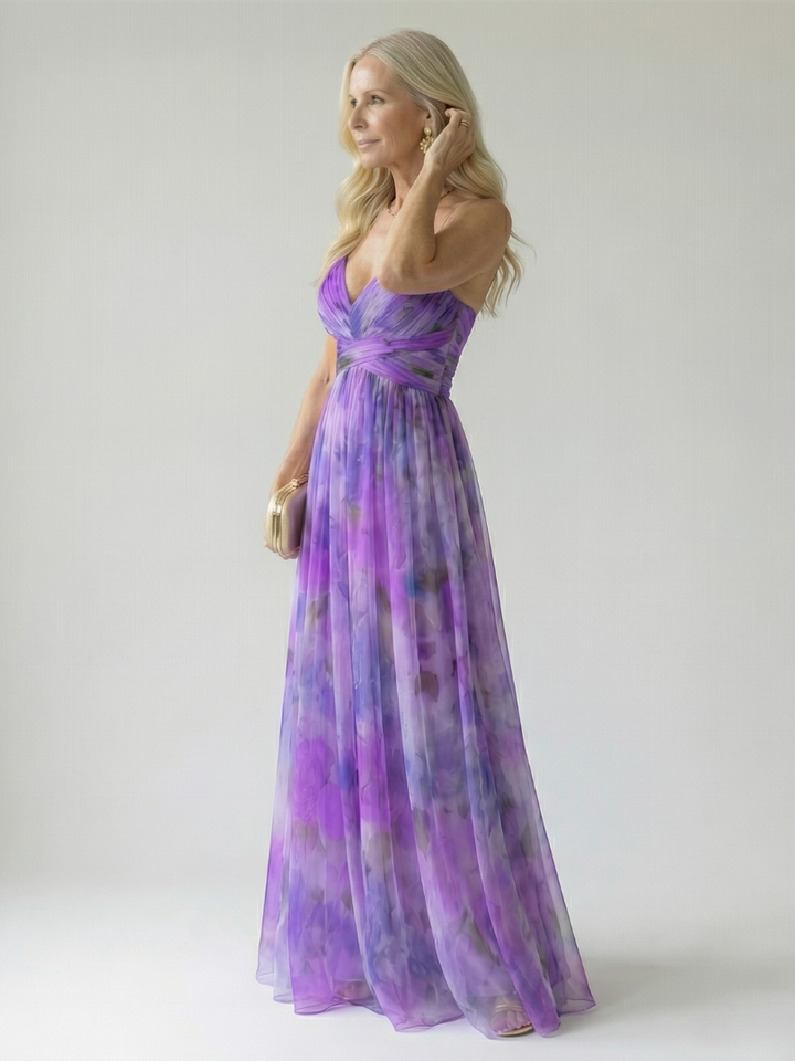 Women's Floral Chiffon Maxi Dress V-Neck Wrap Tulle Flowy Elegant