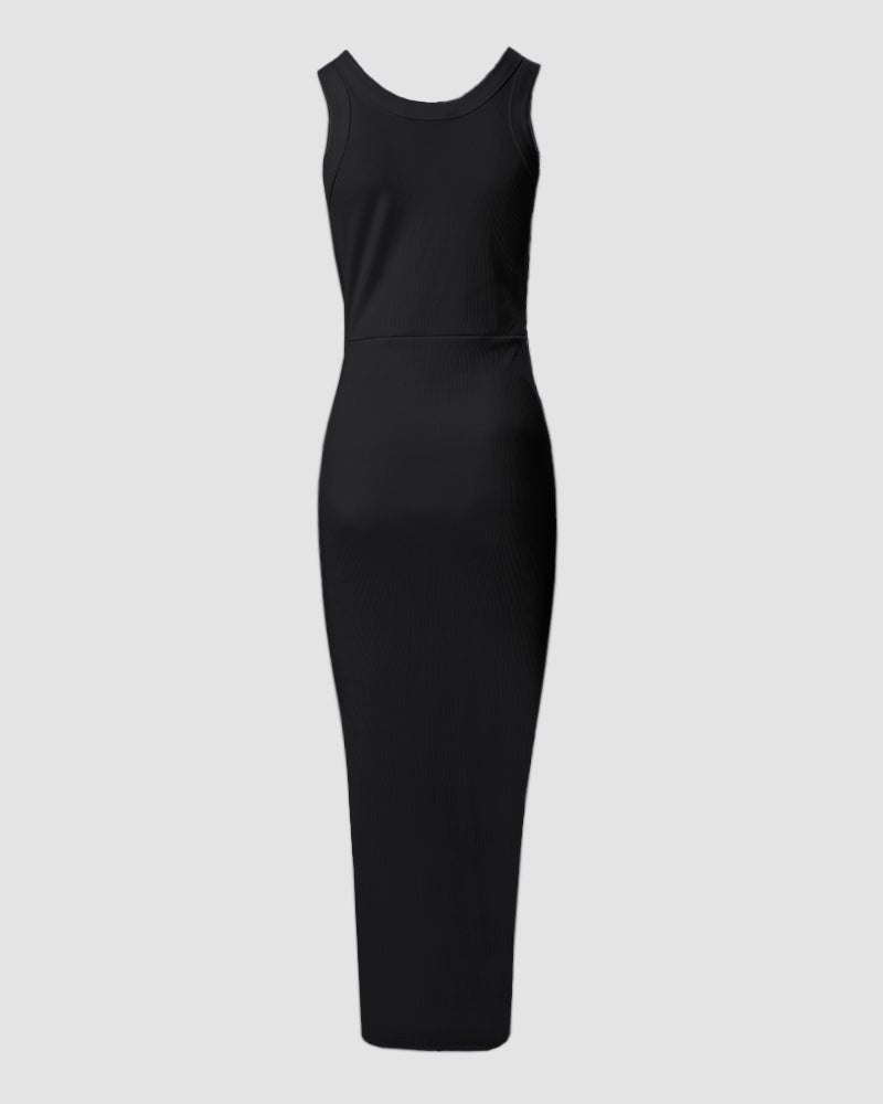 Women's Ribbed Tank Maxi Dress Scoop Neck Ruched Side-Slit Bodycon