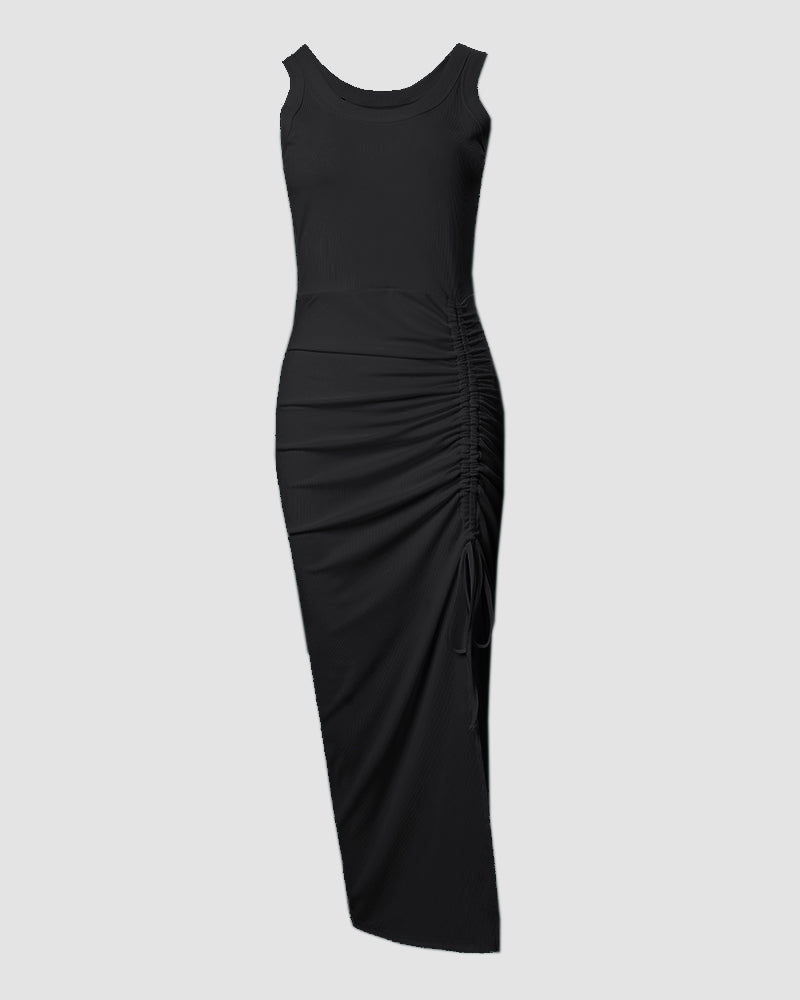 Women's Ribbed Tank Maxi Dress Scoop Neck Ruched Side-Slit Bodycon