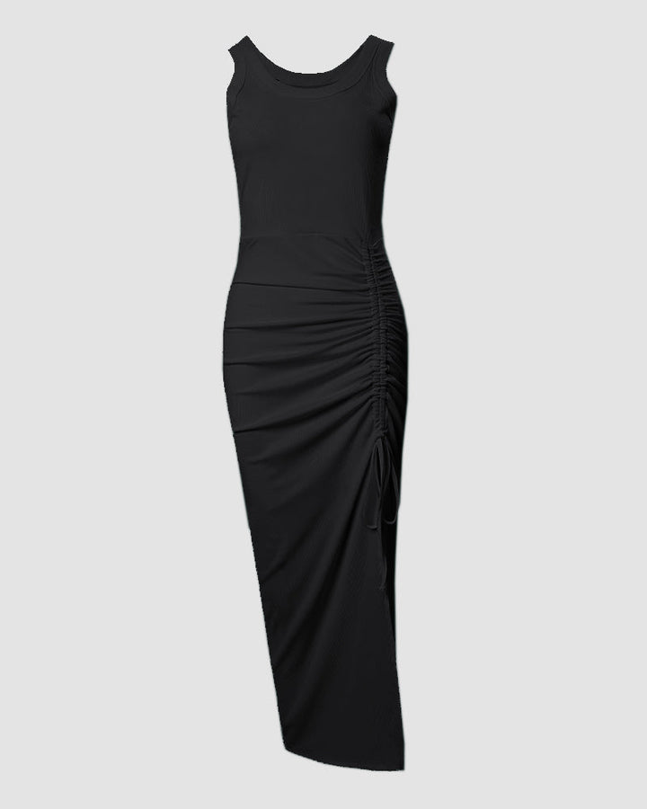 Women's Ribbed Tank Maxi Dress Scoop Neck Ruched Side-Slit Bodycon