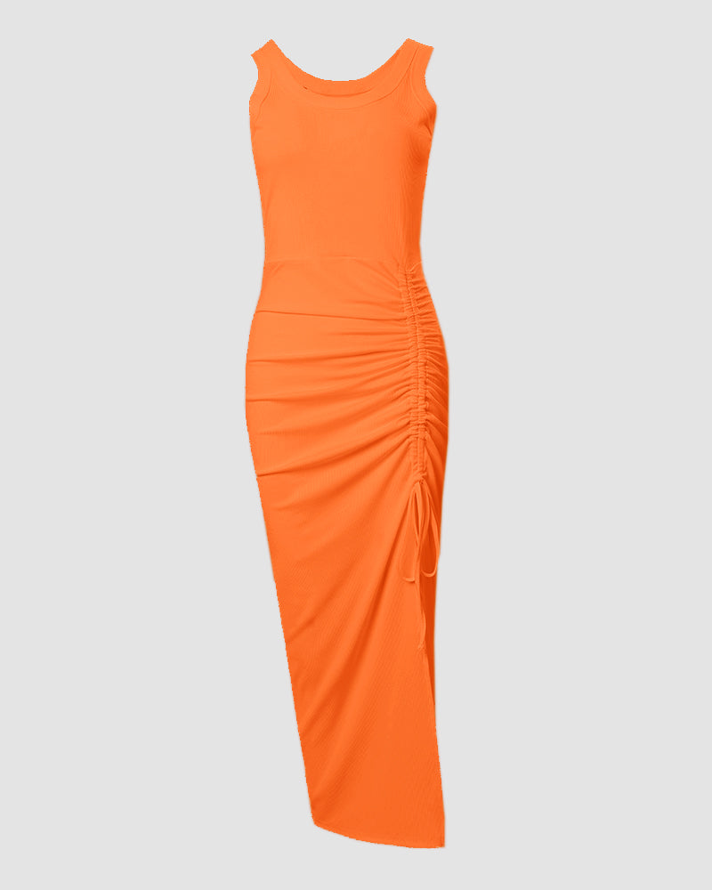 Women's Ribbed Tank Maxi Dress Scoop Neck Ruched Side-Slit Bodycon