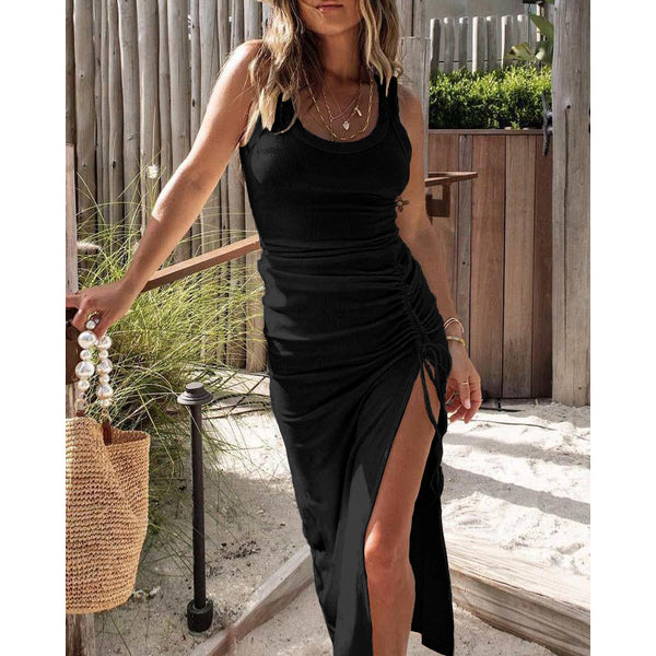 Women's Ribbed Tank Maxi Dress Scoop Neck Ruched Side-Slit Bodycon