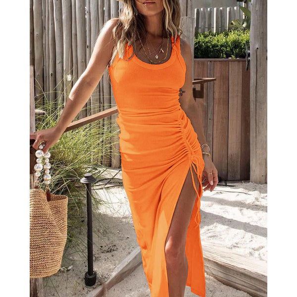 Women's Ribbed Tank Maxi Dress Scoop Neck Ruched Side-Slit Bodycon