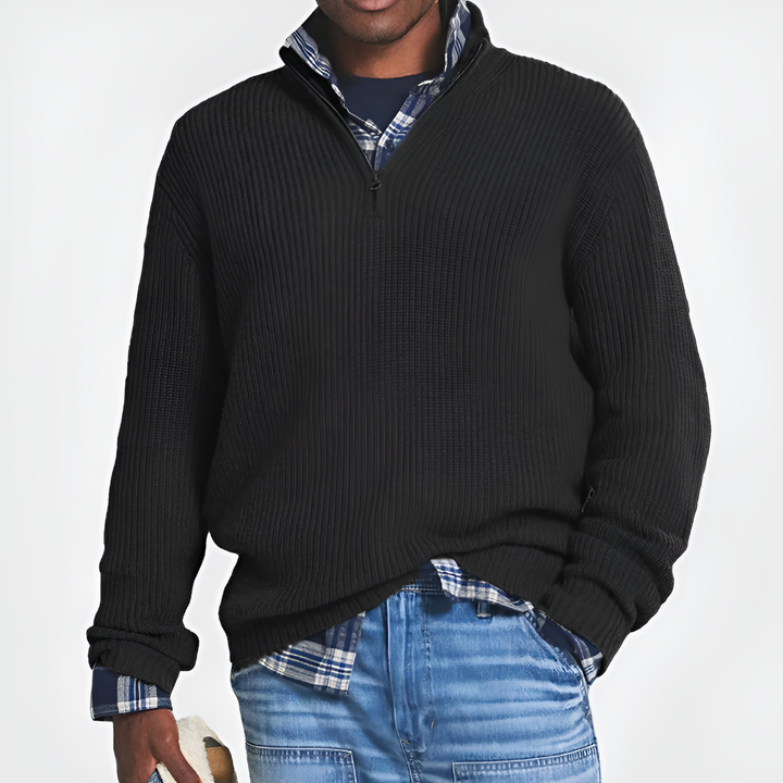 Men's Half-Zip Knit Sweater Ribbed Chunky Stand Collar Quarter-Zip