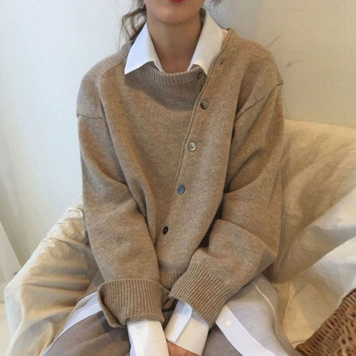 Women's Oversized Asymmetric Button Knit Cardigan Drop Shoulder Sweater